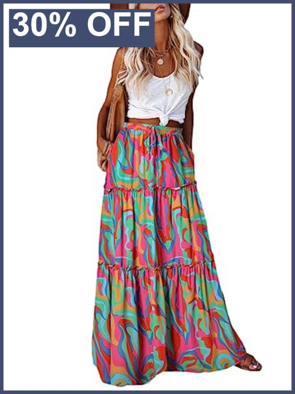 Boho Maxi Skirt High Waist Tie Flowy Chiffon with Pockets